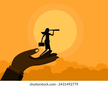 Support in finding opportunities. Businesswoman looking into telescope on big hand 
