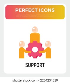 Support flat icon. Group of people holding big cogwheel by hands. Teamwork, partnership, business cooperation. Modern vector illustration.