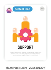Support flat icon. Group of people holding big cogwheel by hands. Teamwork, partnership, business cooperation. Modern vector illustration.