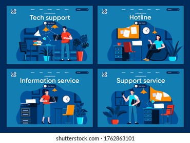 IT support flat landing pages set. Helpline consultant with headset work with computer in office scenes for website or CMS web page. Tech support, hotline and information service vector illustration