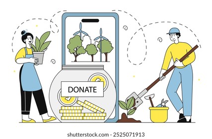 Support forest restoration. Man and woman planting plants. Caring for ecology and environment. Donations to charitable foundation. Activists and volunteers. Linear vector illustration