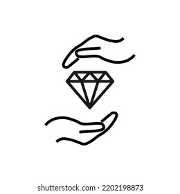Support and gift signs. Minimalistic isolated vector image for web sites, shops, stores, adverts. Editable stroke. Vector line icon of gem, diamond or jewel between outstretched hands