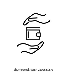 Support and gift signs. Minimalistic isolated vector image for web sites, shops, stores, adverts. Editable stroke. Vector line icon of wallet between outstretched hands