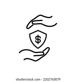 Support and gift signs. Minimalistic isolated vector image for web sites, shops, stores, adverts. Editable stroke. Vector line icon of dollar inside of shield between outstretched hands