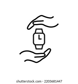 Support and gift signs. Minimalistic isolated vector image for web sites, shops, stores, adverts. Editable stroke. Vector line icon of wristwatch between outstretched hands