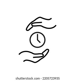 Unterstützungs- und Geschenkschilder. Minimalistisches, isoliertes Vektorbild für Webseiten, Geschäfte, Läden, Werbung. Bearbeitbarer Strich. Vektorliniensymbol der Uhr zwischen ausgestreckten Händen