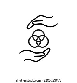 Support and gift signs. Minimalistic isolated vector image for web sites, shops, stores, adverts. Editable stroke. Vector line icon of intersected circles between outstretched hands
