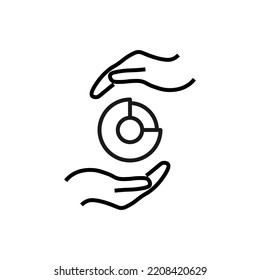 Support and gift signs. Minimalistic isolated vector image for web sites, shops, stores, adverts. Editable stroke. Vector line icon of pie chart between outstretched hands