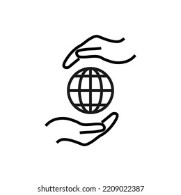 Support and gift signs. Minimalistic isolated vector image for web sites, shops, stores, adverts. Editable stroke. Vector line icon of earth or globe between outstretched hands