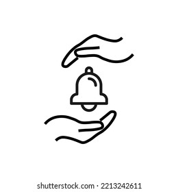 Support and gift signs. Minimalistic isolated vector image for web sites, shops, stores, adverts. Editable stroke. Vector line icon of bell between outstretched hands