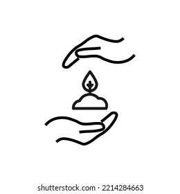 Support and gift signs. Minimalistic isolated vector image for web sites, shops, stores, adverts. Editable stroke. Vector line icon of plant between outstretched hands