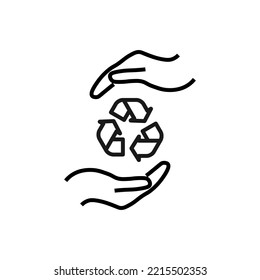 Señales de apoyo y regalo. Imagen vectorial aislada minimalista para sitios web, tiendas, tiendas, anuncios. Trazo editable. Icono de línea de vector del signo de recicle entre manos extendidas