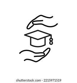 Support and gift signs. Minimalistic isolated vector image for web sites, shops, stores, adverts. Editable stroke. Vector line icon of academic square cap between outstretched hands