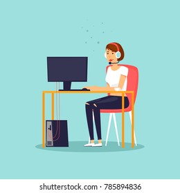 Support girl sitting at the desk working at the computer. Flat design vector illustration.