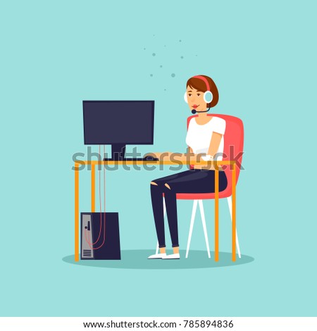 Support girl sitting at the desk working at the computer. Flat design vector illustration.