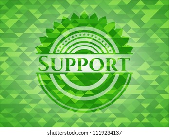 Support green emblem with triangle mosaic background
