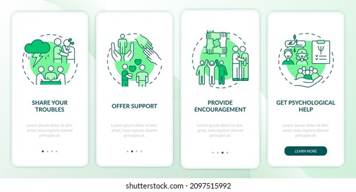 Support group activities green onboarding mobile app screen. Encouraging walkthrough 4 steps graphic instructions pages with linear concepts. UI, UX, GUI template. Myriad Pro-Bold, Regular fonts used