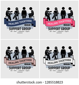 Support group centre logo design. Vector artwork of people sitting together and supporting each other by talking, listening, understanding, and giving advise on their problems.