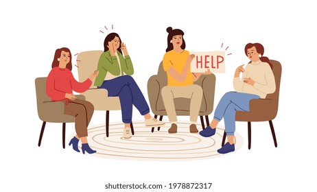 Support group. Depression, supports therapy with psychotherapist. Helping network, female problems and tired. Woman need help vector concept