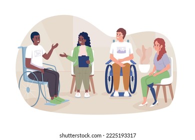 Support group for disabled patients 2D vector isolated illustration. Sharing experience flat characters on cartoon background. Colourful editable scene for mobile, website, presentation