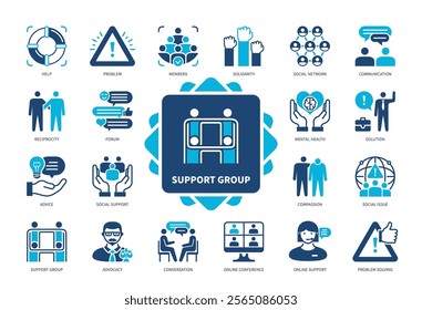 Support Group icon set. Problem, Members, Advice, Solution, Help, Advocacy, Social Network, Compassion. Duotone color solid icons