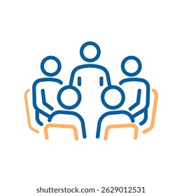 Ícone do grupo de suporte. Ilustração em linha fina vetorial com traço editável representando terapia em grupo, discussão em comunidade, apoio emocional e conexão de pares.
 5 pessoas sentadas juntas
