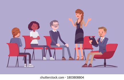 Support group meeting, medical and professional program. Community members brainstorming, patients sharing coping problems, ideas to feel more happy, confident. Vector flat style cartoon illustration