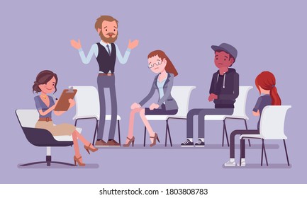 Support group meeting, social unity working interaction. Diverse people sharing common life problems, participants talking in collaboration for discussion. Vector flat style cartoon illustration