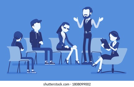 Support group meeting, social unity working interaction. Diverse people sharing common life problems, participants talking in collaboration for discussion. Vector creative stylized illustration