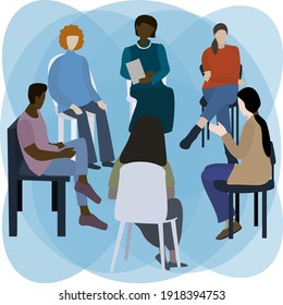 Support group for people with mental illnesses. Group therapy session. Vector illustration