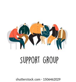 Support group. People sitting on chairs and talking. Psychotherapy concept. Vector cartoon illustration - Powered by Shutterstock - Get 15% off with code: PIKWIZARD15