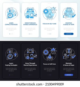 Support group pros night and day mode onboarding mobile app screen. Walkthrough 4 steps graphic instructions pages with linear concepts. UI, UX, GUI template. Myriad Pro-Bold, Regular fonts used