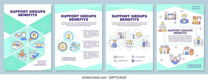 Plantilla de folleto de beneficios para grupos de apoyo. Salud mental. Diseño de impresión de folletos con iconos lineales. Diseños vectoriales para presentación, informes anuales, anuncios. Arial-Black, Myriad Pro-Regular fuentes utilizadas