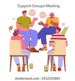 Support Groups Meeting concept. Diverse individuals engaging in group therapy. Communication, empathy, and community support. Vector illustration.