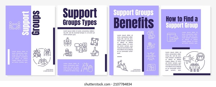 Support groups purple brochure template. Types and advantages. Booklet print design with linear icons. Vector layouts for presentation, annual reports, ads. Arial-Black, Myriad Pro-Regular fonts used