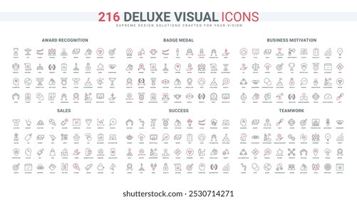 Support and growth of store sales, teamwork for business success, different awards line icon set. Motivation and effective team communication thin black and red outline symbols vector illustration