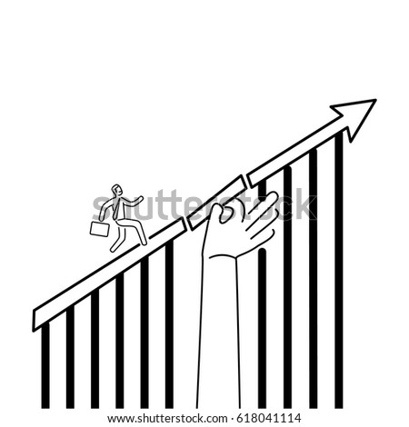 Support in growth. Vector business illustration of businessman running up on arrow and supporting hand on his way | modern flat design linear concept icon and infographic black on white background