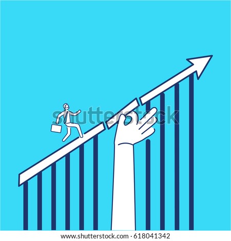 Support in growth. Vector business illustration of businessman running up on arrow and supporting hand on his way | modern flat design linear concept icon and infographic on blue background