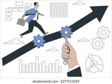 Support. Manager‘s hand helping his team to achieve target. Business vector concept illustration. Productive work with efficient process optimization tiny person concept. Precise performance.