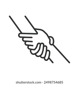Manos de Asistencia, en diseño de línea. Ayuda, apoyo, Asistencia de la mano, cuidado, manos que se sostienen en el Vector de fondo blanco. Para la Asistencia temática, maneja el ícono de trazo editable.