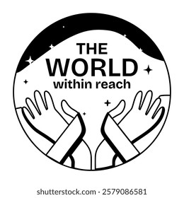 Support hands with the world within reach typography, glyph sticker 