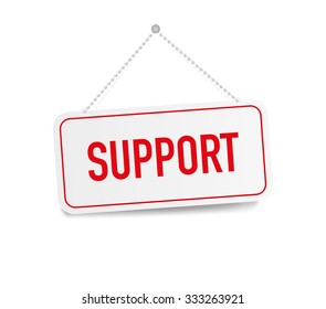 Support hanging sign isolated on white wall