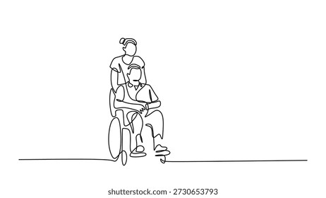 Support and health care for the elderly vector illustration. Man pushing old woman in wheelchair continuous line drawing.
