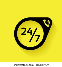 Support and help 24 hours a day and 7 days a week icon isolated on yellow background. Call center vector icon