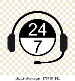 Support and help around the clock or 24 hours a day and 7 days a week icon isolated on  background. Call center vector icon