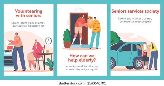Support, Help or Assistance to Aged Persons Banners. Caregiver Characters Care of Elderly People Bring Food, Cooking, Transportation. Caregiving, Social Help to Seniors, Cartoon Vector Posters