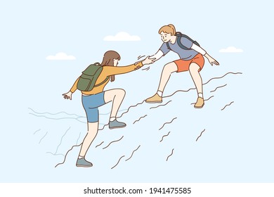 Support, help and assistance concept. Young smiling Woman backpacker cartoon character helping her friend to climb cliff and reach top of mountain vector illustration 