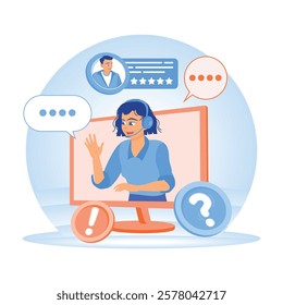 Support, help, and call center. Customer service specialists interact with clients via virtual video calls. Customer Service Representative concept. Flat vector illustration.