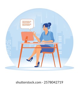 Support, help, and call center. Customer service representative communicating with a client via a headset at a desk in the workspace. Customer Service Representative concept. Flat vector illustration.