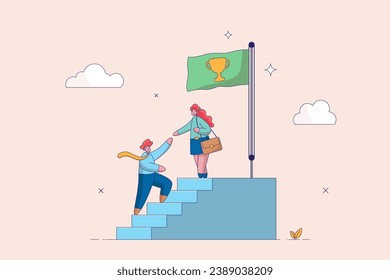 Support or help career success, mentorship. Business mentor or leadership help colleague to succeed and reach goal achieve target. Businesswoman leader help employee climb to target at top of stair.